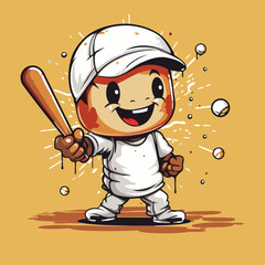 Illustration of a cartoon baseball player with baseball bat and ball.