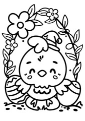 Hand-drawn, Happy Easter Chicken with carrot and a rabbit, Coloring book page for kids, easter bunny, easter eggs, baby chick, Cute holiday egg hunt coloring