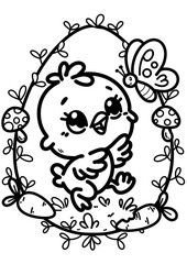 Hand-drawn, Happy Easter Chicken with carrot and a rabbit, Coloring book page for kids, easter bunny, easter eggs, baby chick, Cute holiday egg hunt coloring