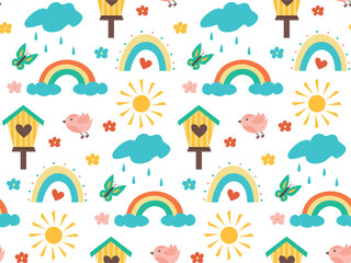 Seamless spring pattern with birds, birdhouse, rainbow and clouds with cute colored flowers. Vector illustration for textiles, wrapping paper