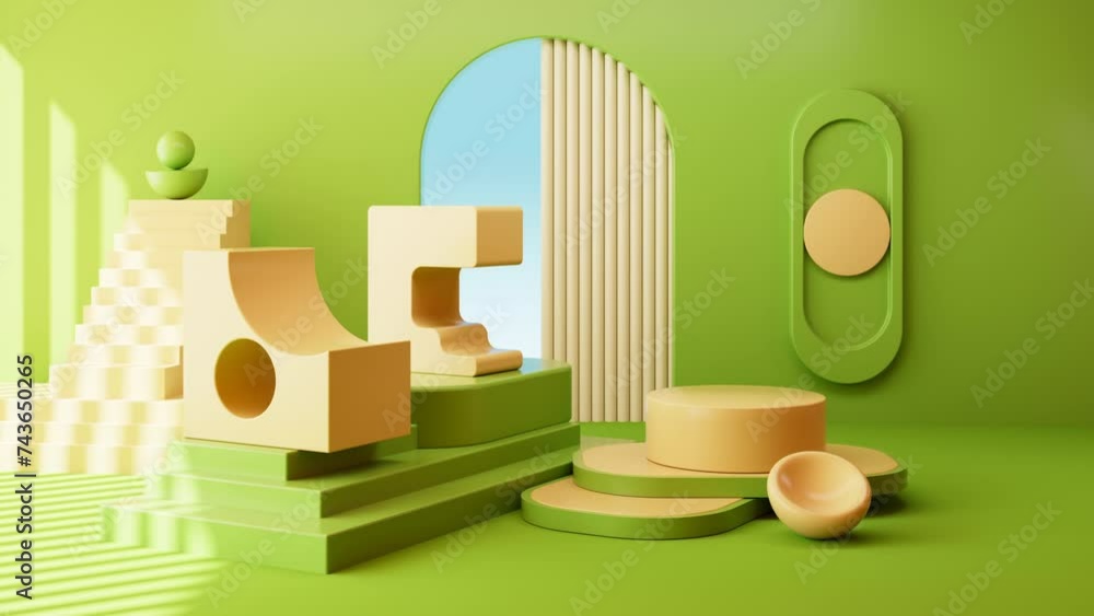 Poster abstract geometric architecture and empty stage, geometric figure, indoor light and shadow, 3d rende