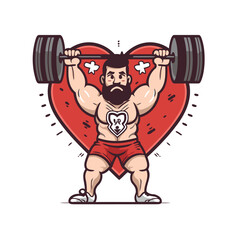 Bodybuilder with barbell in the form of heart. Vector illustration.