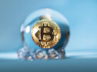 Bit coin in glass ball, light blue background. Finance industry forecast and fortune telling...