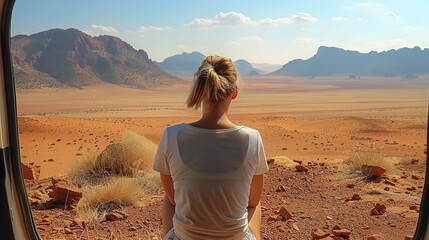 woman on road, enjoying window view of desert and traveling in suv on holiday road trip of South Africa.