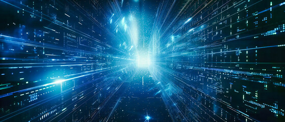 Warp Speed in Deep Space. Abstract Light Tunnel with Futuristic Galaxy Travel Concept - obrazy, fototapety, plakaty
