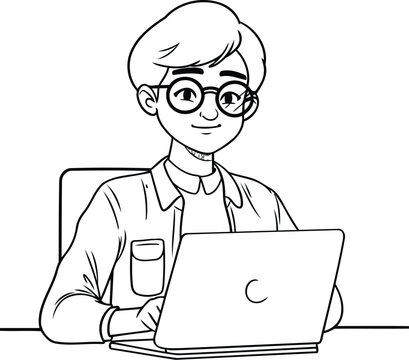 Young man working with laptop. Vector illustration in black and white.