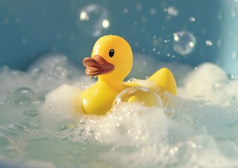 a yellow rubber duck swims on the foamy water 