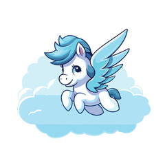 Cute cartoon blue unicorn flying in the clouds. Vector illustration.