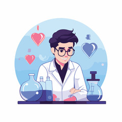 Male scientist working on chemical experiment in laboratory. flat vector illustration.
