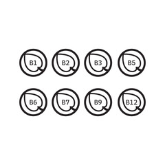 Set of 8 black vitamin icons -group B vitamins - B1, B2, B3, B5, B6, B7, B9, B12 - simple leaf icon illustration, graphic element for products, supplements, web design and more.
