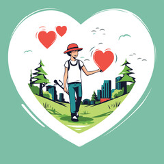 Vector illustration of a man in a hat standing in the heart.