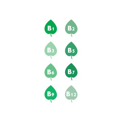 Obraz premium Set of 8 green vitamin icons -group B vitamins - B1, B2, B3, B5, B6, B7, B9, B12 - simple leaf icon illustration, graphic element for products, supplements, web design and more.