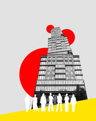 Monochrome building with red circular accents, white silhouettes of people, on yellow and white...
