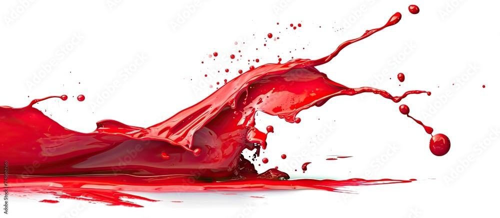 Poster a dynamic image capturing a vibrant red liquid splashing onto a pristine white surface, creating a s