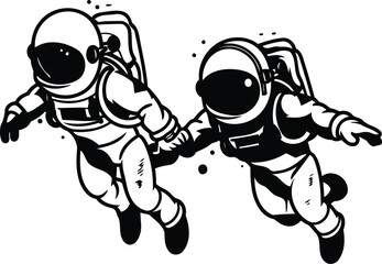 Astronaut and spaceman. Black and white vector illustration.