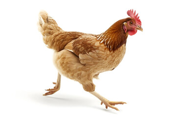 Running chicken hen on white background.