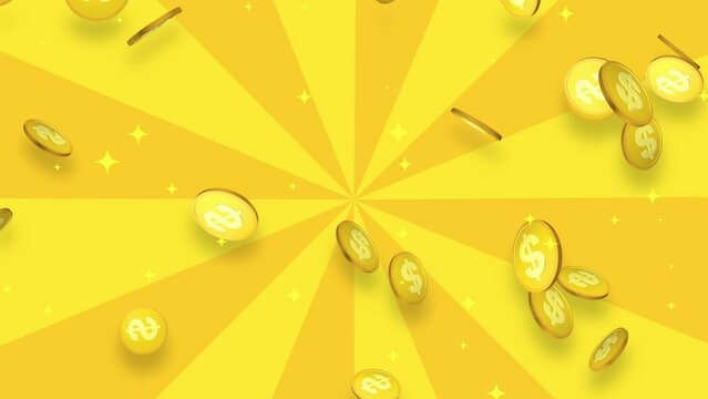 ドルマークの付いた、たくさんの金色のコインと星が上から落ちてくる背景素材Background with many golden coins with dollar signs and stars falling from above,CG