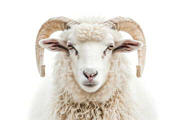 Fototapeta premium close up of a white ram with horns isolated on white background