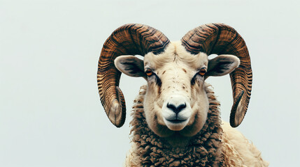 close up of a white ram with horns isolated on white background - obrazy, fototapety, plakaty