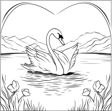 Swan swimming in the lake. Black and white vector illustration.