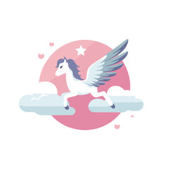 Vector illustration of flying white unicorn with wings in the clouds. Flat style design.