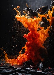 a abstract paint of a sea   made by broken fabric,toys, , black paint, rusted metal, fur , hd photo 4k , ultradetailed.Fiery bomb explosion with sparks isolated on black background