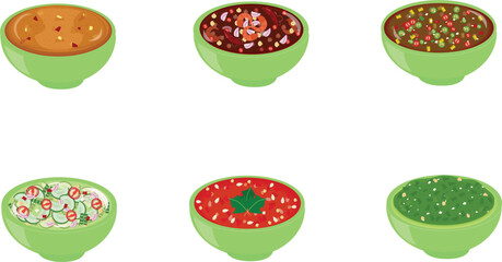 Thai dips sauce with bowl-Peanut satay, Sweet fish,  Boiled chicken rice, Thai cucumber relish(Ajad), Thai BBQ, Chicken Biryani with green sauce