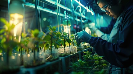 Scientists genetically modifying seeds in a lab for improved yield and resistance, highlighting genetic crop modification. Genetic Crop Modification