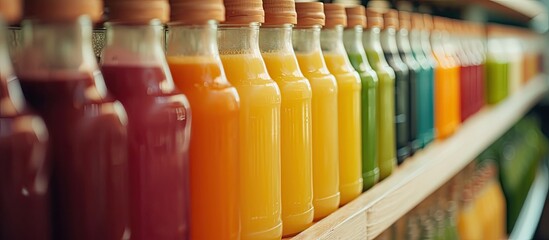 A row of bottles lined up, each filled with a unique colored liquid, showcasing a variety of hues including red, green, yellow, and purple. The bottles appear to contain different types of juices or - obrazy, fototapety, plakaty