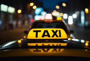 A glowing taxi sign on the roof of a car moving at night