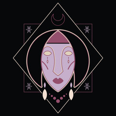 Simple, Elegance, Spiritual, Esoteric, Moon Goddess Totem Tarot Card And Apparel, Sticker Line Art Vector  Illustration