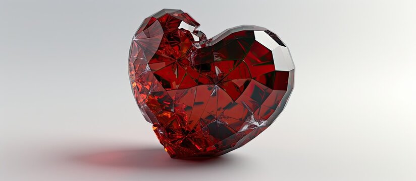 A crimson red glass heart shatters in half, creating an intense cracked reflection, set against a white background.