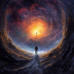 a man is standing in the middle of a vortex in space