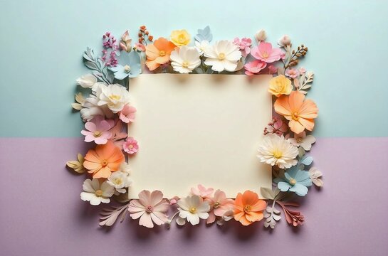 a paper note at the center with tiny white and colorful flowers on a soft pastel background with a hint of floral pattern