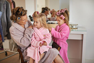 Fashion, hair and mother with children in wardrobe for dressing, getting ready and choose outfit....