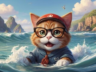 A cat in glasses is sitting on the waves in the sea