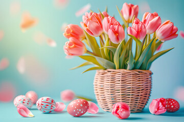 Wicker Easter Basket with eggs and tulips standing against blue background. Generetive AI.