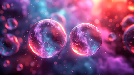 Two transparent glass spheres in outer space. Generative AI.