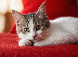 A cute kitten lying on a red pillow