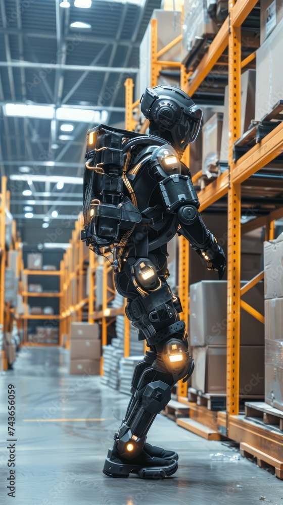Poster advanced robotic exoskeleton performing tasks in warehouse