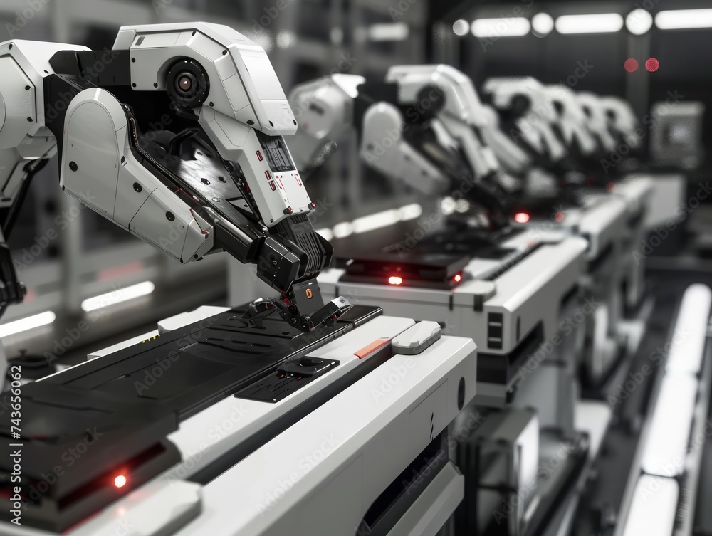 Poster advanced robotic arms assembling electronics on production line