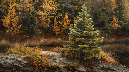 Dwarf Alberta Spruce by the coast, using cinematic framing to create a serene scene that highlights its natural colors