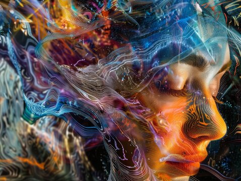 Abstract Digital Art Portrait with Colorful Wave Patterns