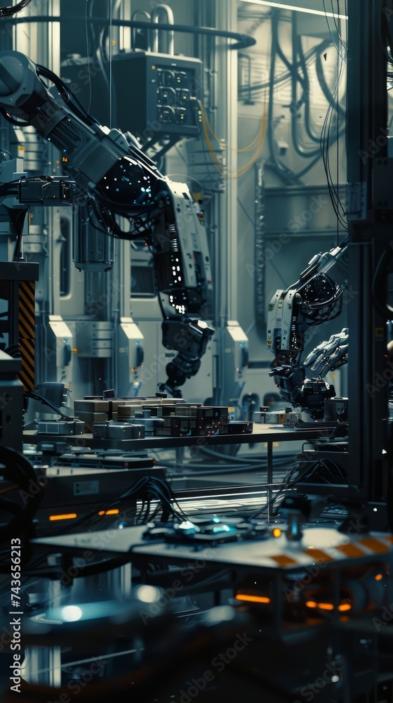 Poster futuristic automated production line with robotic arms in factory