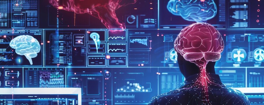 Futuristic Brain Analysis Interface with Human Silhouette and Data Visualization