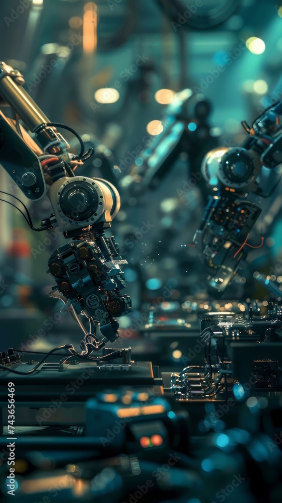 Poster futuristic robotic arms on an automated assembly line in high-tech factory