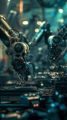 Futuristic Robotic Arms on an Automated Assembly Line in High-tech Factory