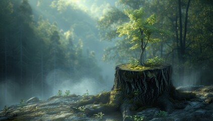 Tree growing out of tree stump concept of environment conservation and green forest  - obrazy, fototapety, plakaty