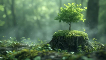 Foto op Canvas Tree growing out of tree stump concept of environment conservation and green forest  © Photo And Art Panda