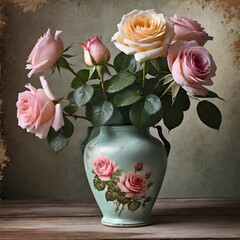 Bouquet of beautiful roses in vase on old wooden table
